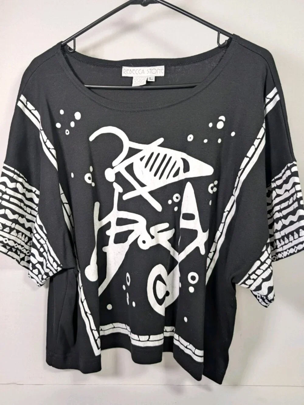 Abstract Tee Vtg 80s/90s T-shirt by Rebecca Stone USA Made Blk & Wht